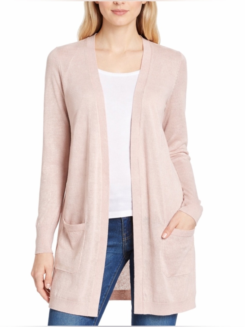 Halogen Long Open Cardigan Linen Blend with Pockets Pink Smoke Size Small